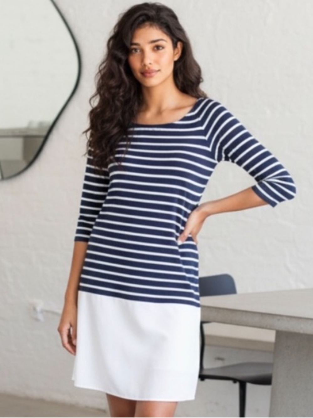 BAILY 44 Dress Gray White Vegan Leather Striped Shift Jersey Knit Boat Sz
Medium